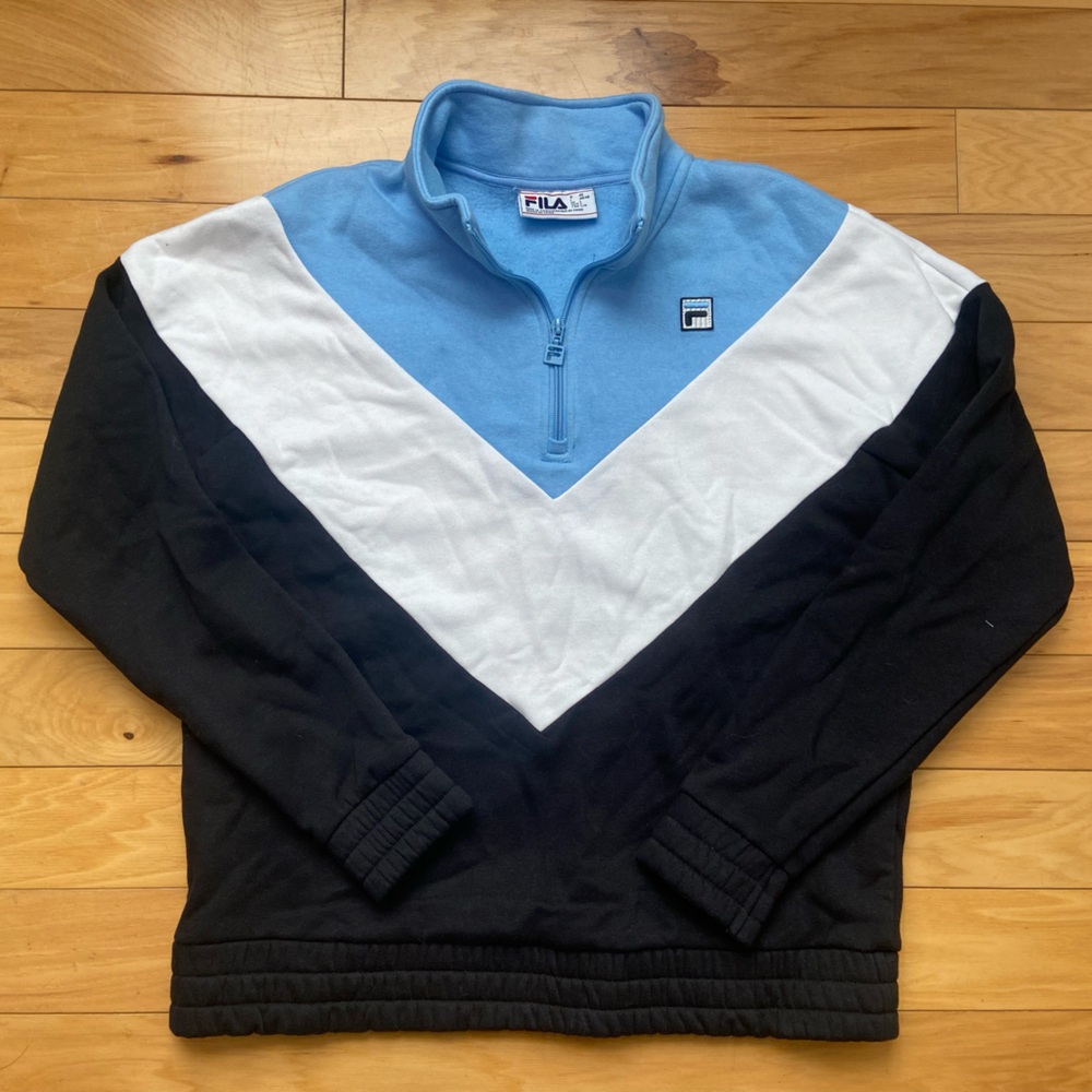 FILA Women's Black Blue White Long Sleeve 1/4 Zip‎ Pullover Sweatshirt Size L